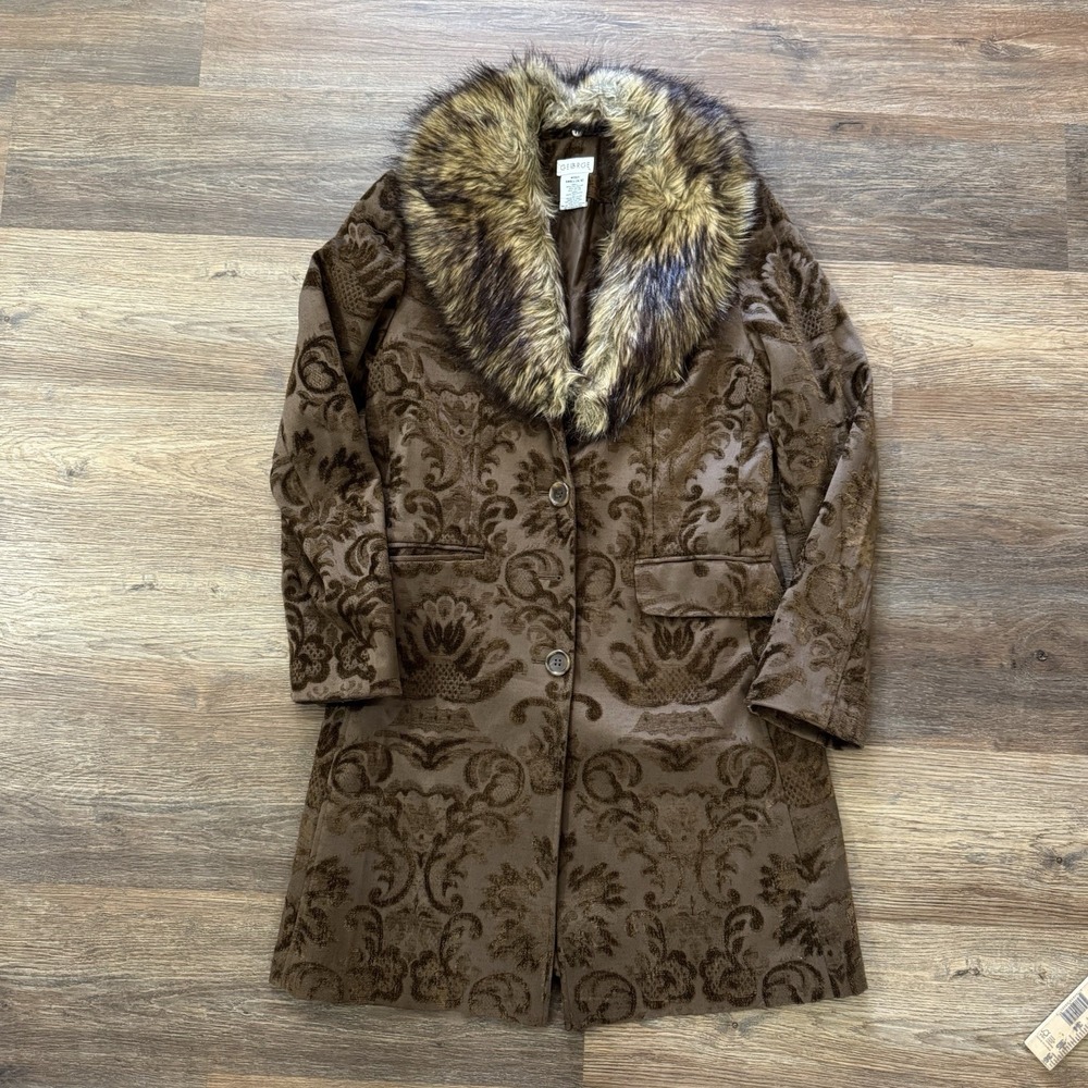 VTG Y2K George Tapestry Coat Faux Fur Collar Women's Sz S City Boujee Boss READ - Picture 2 of 8